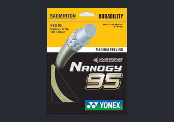 Yonex Nanogy 95 - Carbon nano Fiber that gives powerful repulsion combined with high durability. String of choice for former World Champion and Olympic Gold Medalist Tony Gunawan. Price includes string and labor.